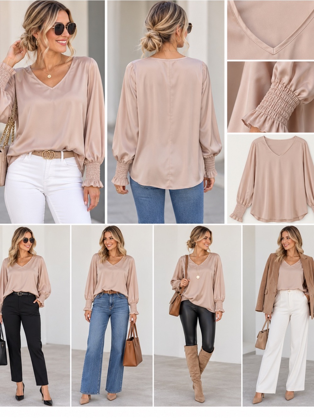 Source Unknown Taupe V-Neck Long Sleeve Smocked Cuff Blouse
